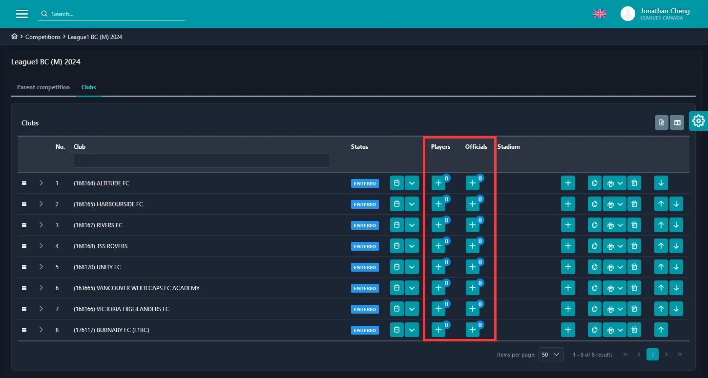 The clubs list under the clubs tab of a competition. A red box highlights the Players and Officials columns where clubs can add people to their competition rosters.