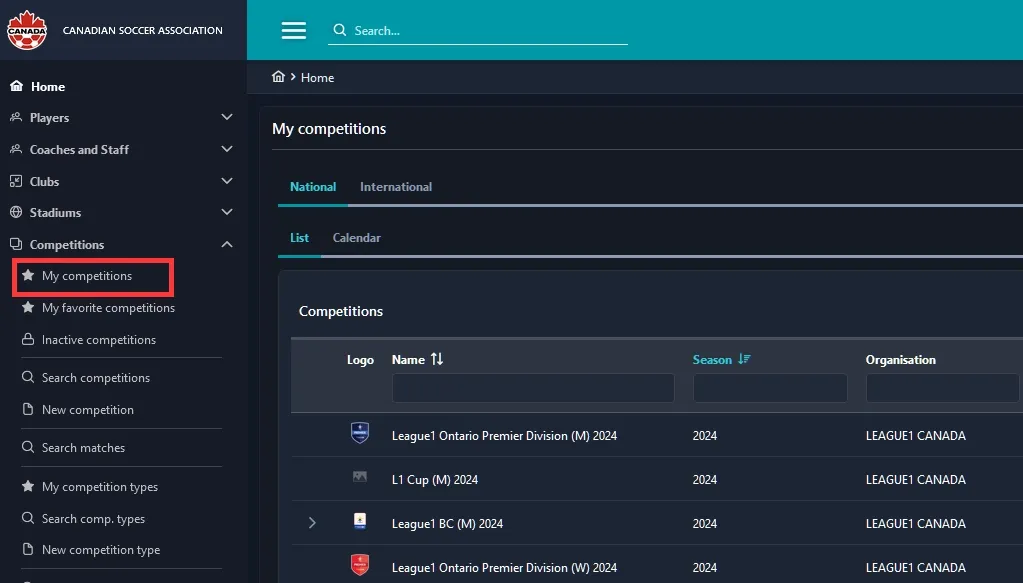The My Competitions page on the COMET web application. A red box highlights a link to where you can navigate to the My Competitions page.