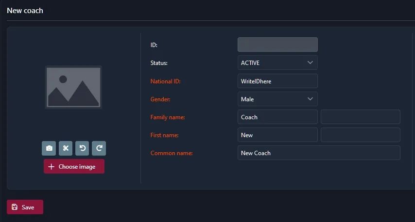 The first half of the coach registration form