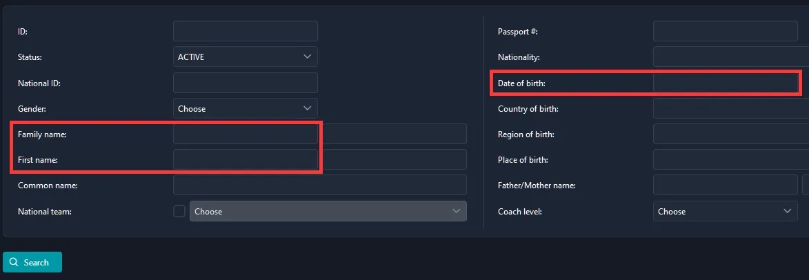 The form to search for coaches within COMET. Red boxes highlight key form fields: Family Name, First Name, and Date of Birth