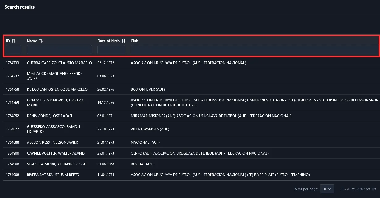 The search results after searching for a coach or staff member within COMET. A red box highlights the fields where you can narrow your search further: ID, Name, Date of Birth, and Club