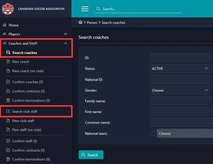 A zoomed-in screenshot of the COMET web application. The first red box from the top highlights the sidebar where the Coaches and Staff tab resides, along with the Search Coaches console. The second red box below highlights the option to search for club staff.