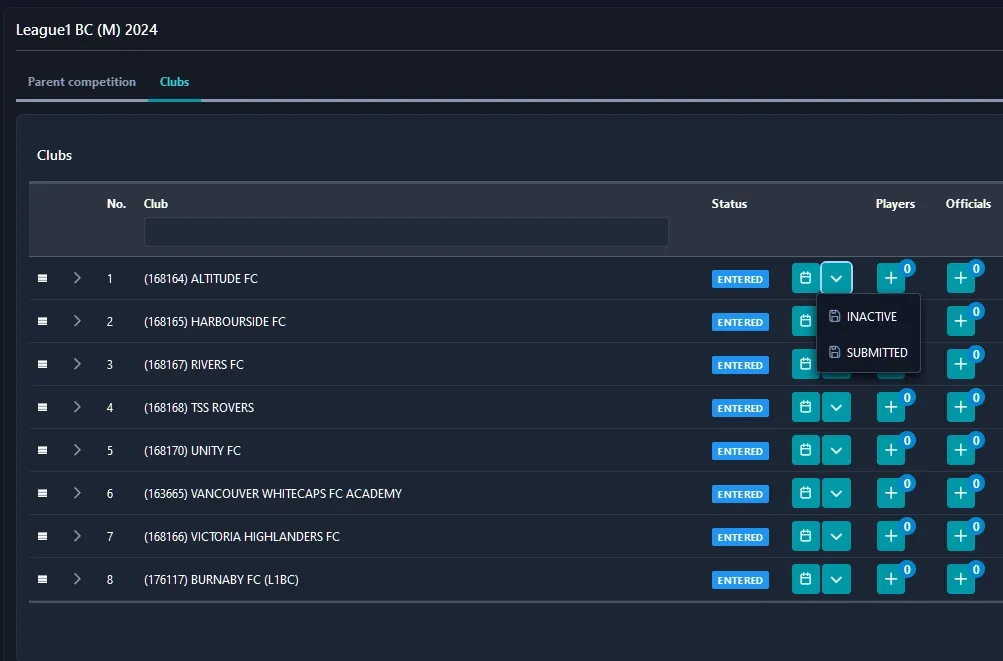The clubs tab of a competition. The first club, Altitude FC is submitting their roster by clicking on the dropdown arrow that is in focus and selecting the option of submitted to change the status.