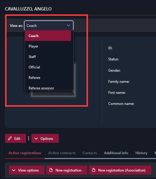 A person's profile page in COMET with a red box highlight a dropdown menu where you can select the role you want to view the person as. Options include Player, Coach, Staff, Official, Referee, and Referee assessor.